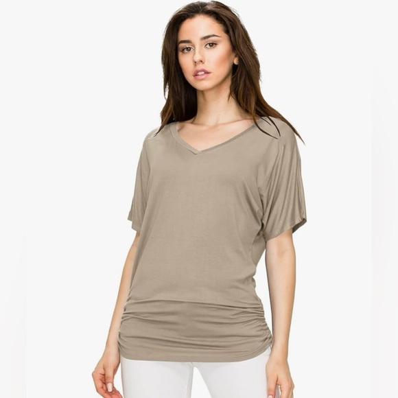 Solid Short Sleeve Boat Neck/V Neck Dolman Top T Shirt with Side Shirring - Picture 4 of 6